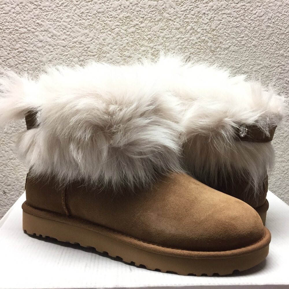 UGG CLASSIC VALENTINA CHESTNUT FULLY FUR LINED SWAROVSKI CRYSTALS RIVET Boot